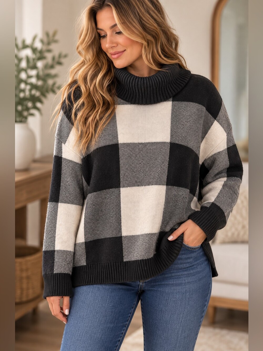Tahari Black White Buffalo Plaid Cowl Neck Sweater XL